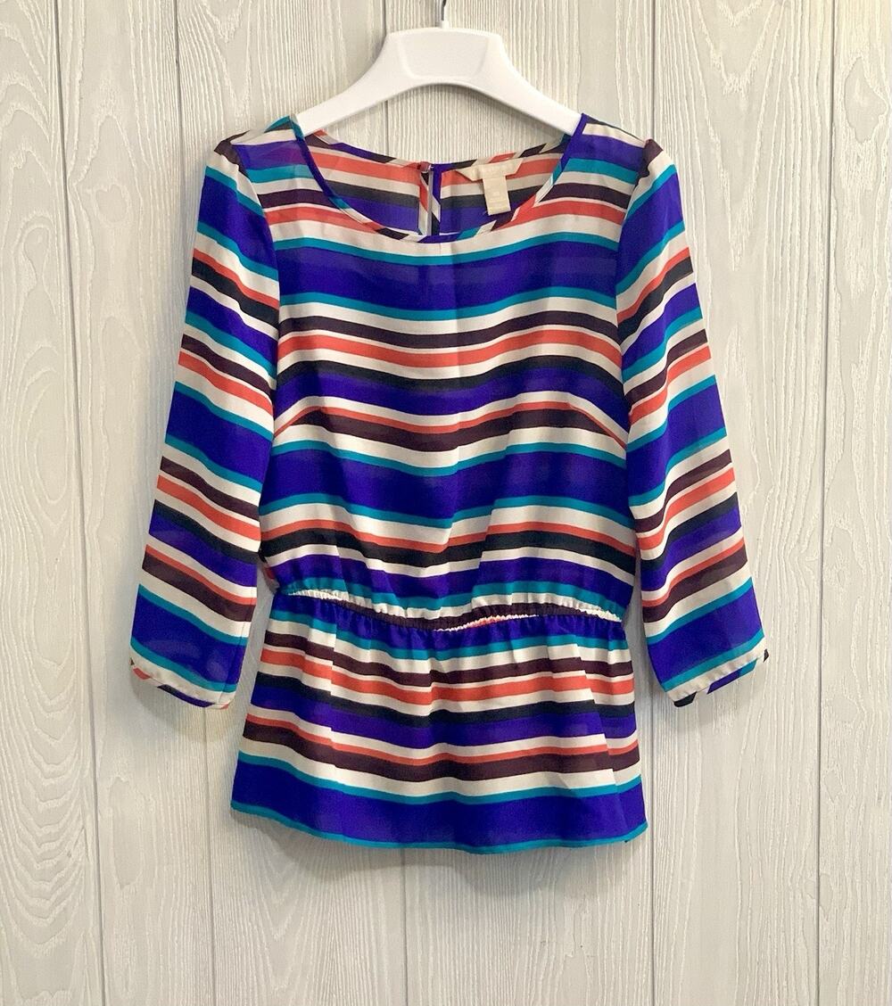 Banana Republic Multi Blue Red Stripe Sheer 3/4 Sleeve Top XS